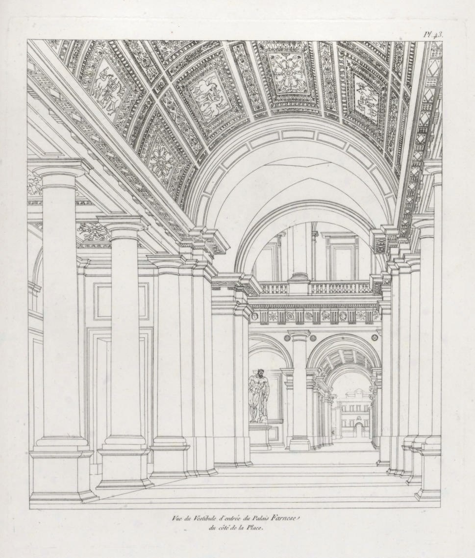 PERCIER, Charles & P. F. L. FONTAINE.  Palais, Maisons et autres édifices modernes dessinés à Rome. Paris: chez les auteurs, 1798. 2°. Engraved title vignette, 100 engraved plates on 99 sheets, plate 5 duplicated, another vignette and a cul-de-lampe (a little light spotting). Modern half black morocco, uncut. Berlin Kat 2733 states that the text should end on p.40. This copy seems to be complete but ends on p.36 with the cul-de-lampe.