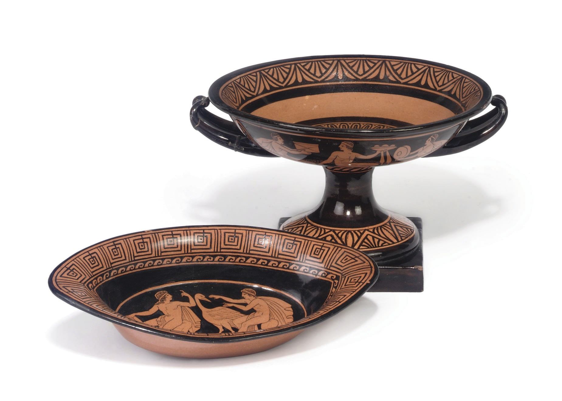 A GIUSTINANI REDWARE GREEK REVIVAL KYLIX AND DISH