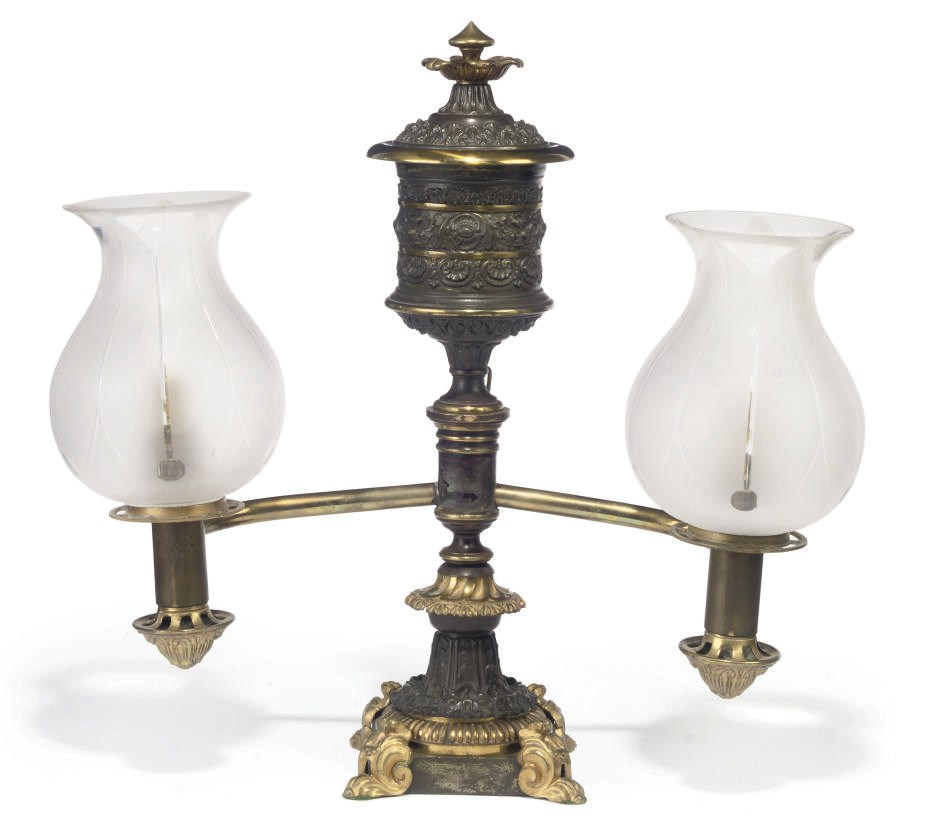 A LATE REGENCY BRASS TWIN-LIGHT COLZA LAMP