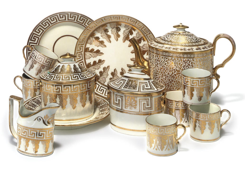 A SPODE WHITE AND GILT PART TEA-SERVICE AND SIMILAR TEAWARES