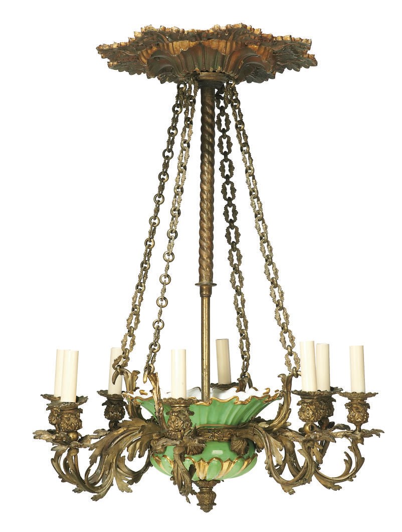A FRENCH GILT-BRASS AND PORCELAIN EIGHT-LIGHT CHANDELIER