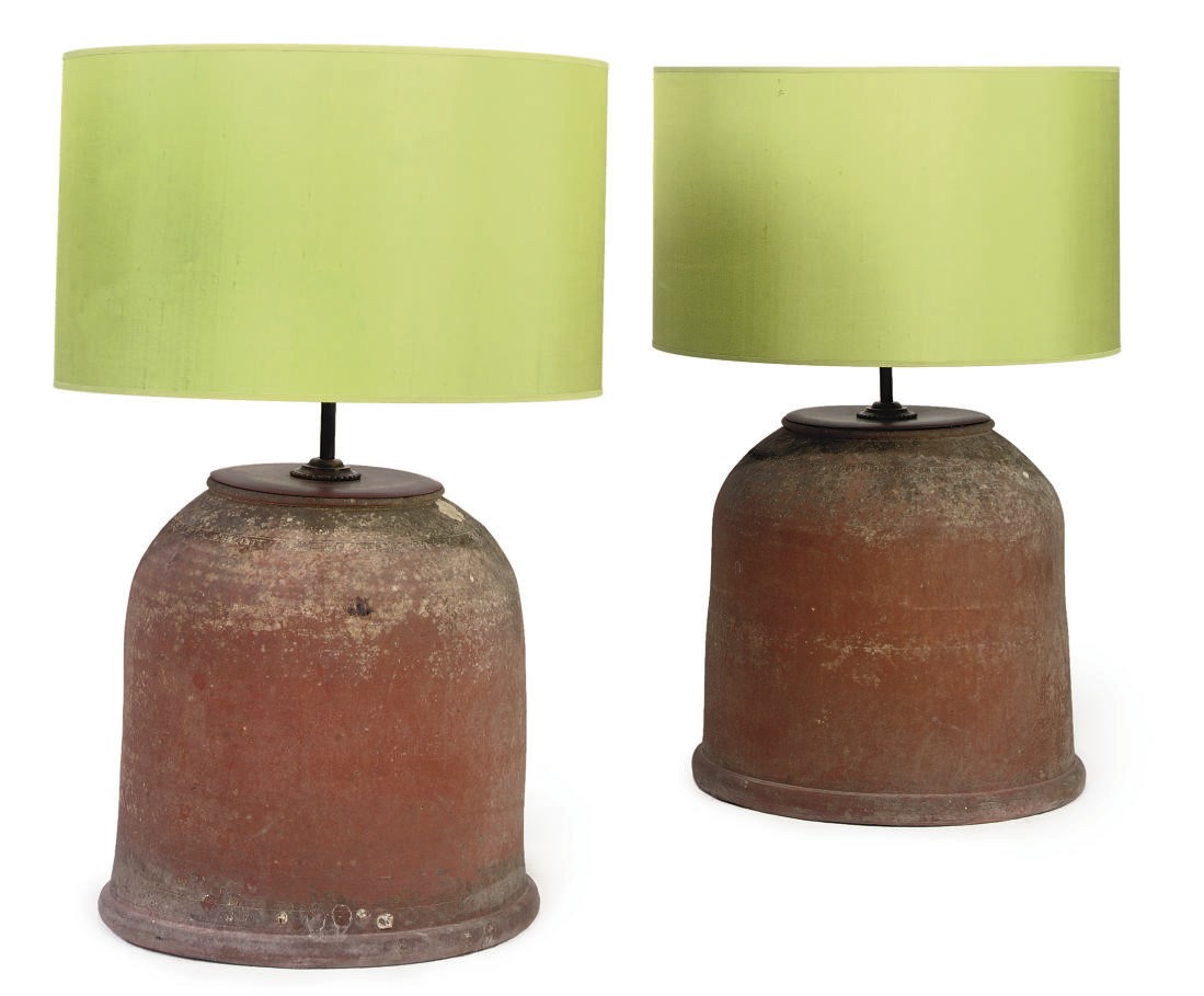 A PAIR OF EDWARDIAN TERRACOTTA KALE POTS IN THE FORM OF TABLE LAMPS