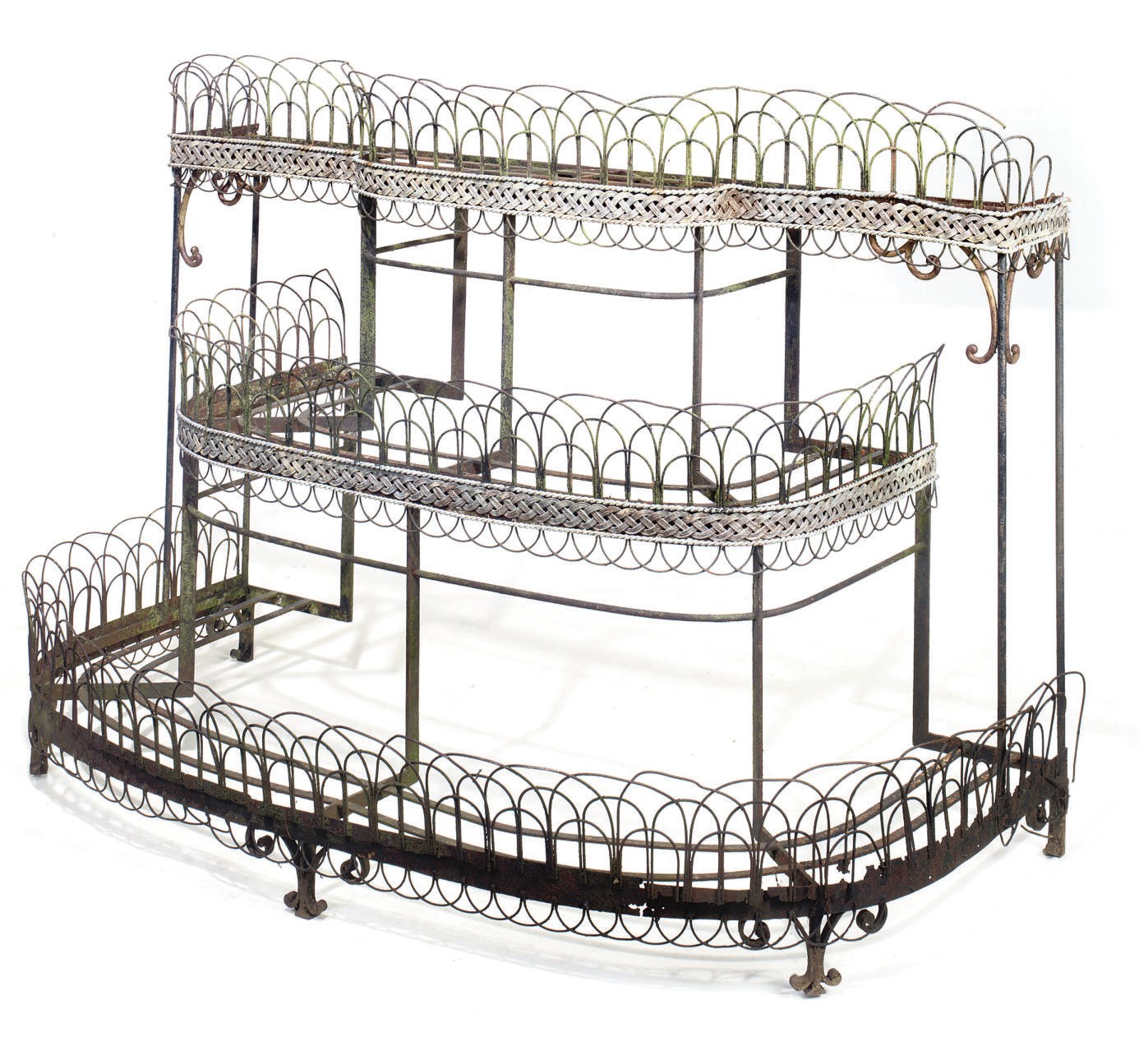 A REGENCY WROUGHT IRON AND WIRE-WORK THREE-TIER PLANT STAND