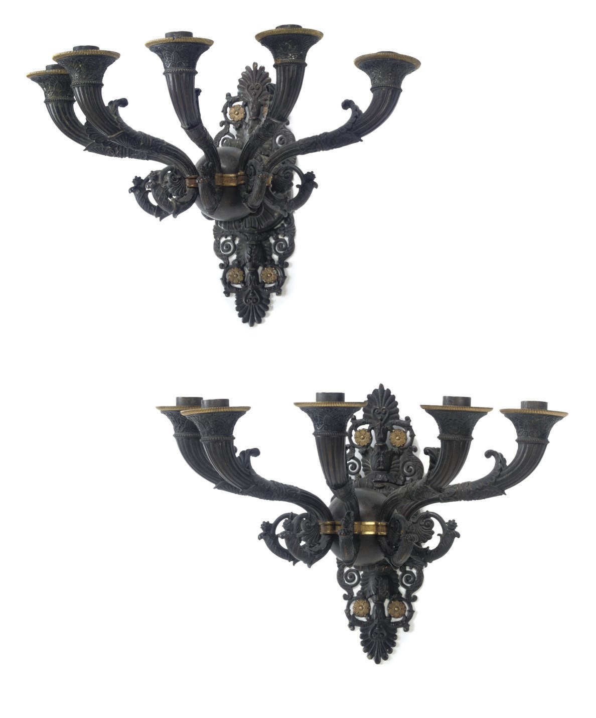 A PAIR OF RESTAURATION BRONZE AND ORMOLU FIVE-LIGHT APPLIQUES