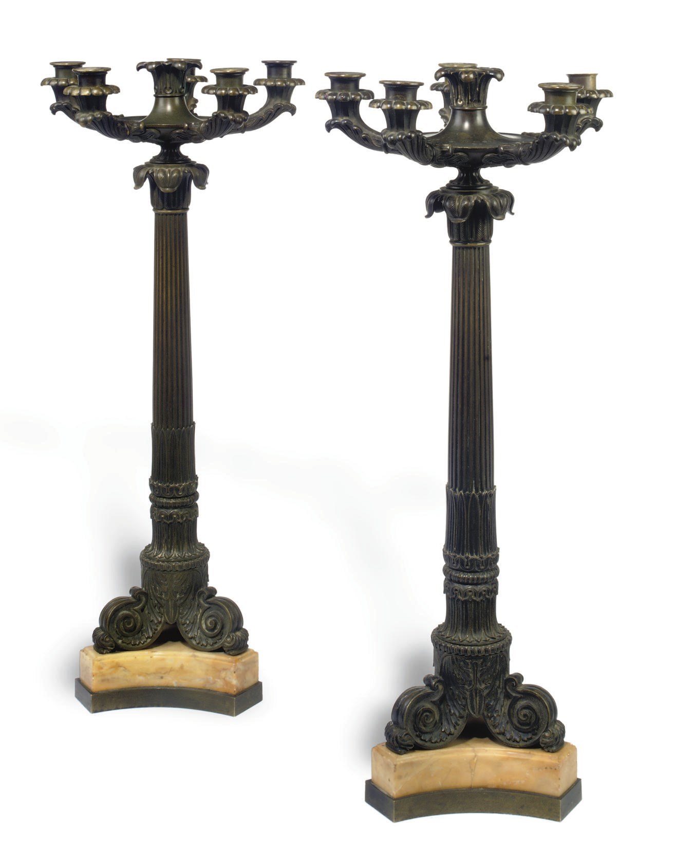 A PAIR OF CHARLES X BRONZE SIX-LIGHT CANDELABRA