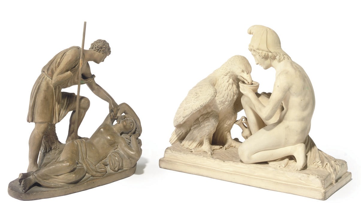 A COPENHAGEN TERRACOTTA GROUP OF A GANYMEDE AND ZEUS