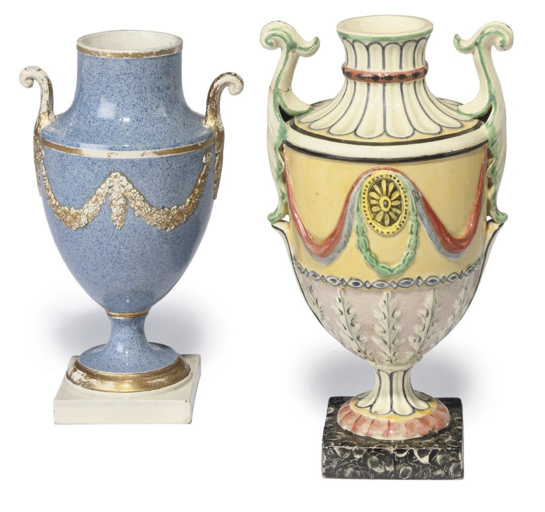 AN ENGLISH PEARLWARE URN-SHAPED VASE AND AN ITALIAN EXAMPLE