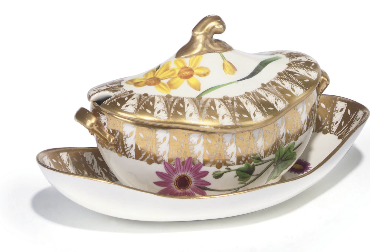 A SPODE QUATREFOIL BOTANICAL SAUCE-TUREEN, COVER AND STAND