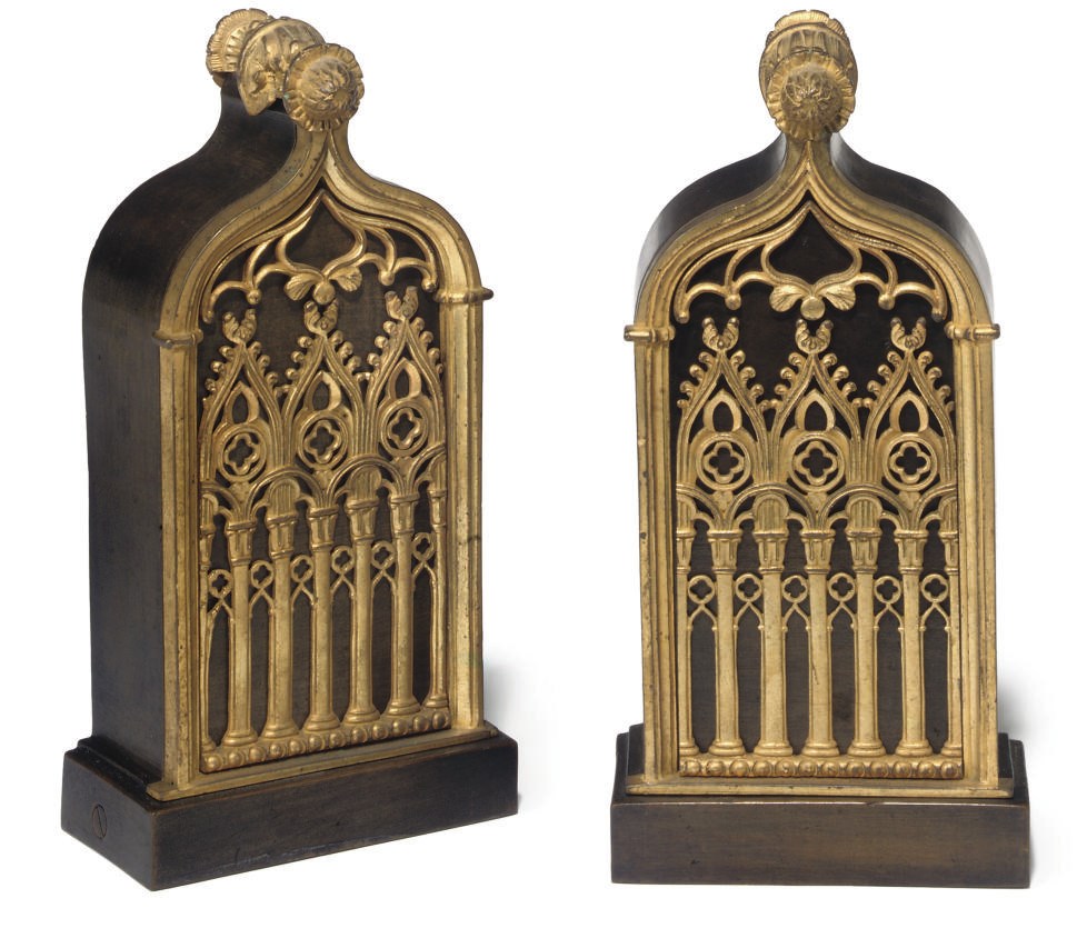 A PAIR OF RESTAURATION ORMOLU AND BRONZE CHENETS