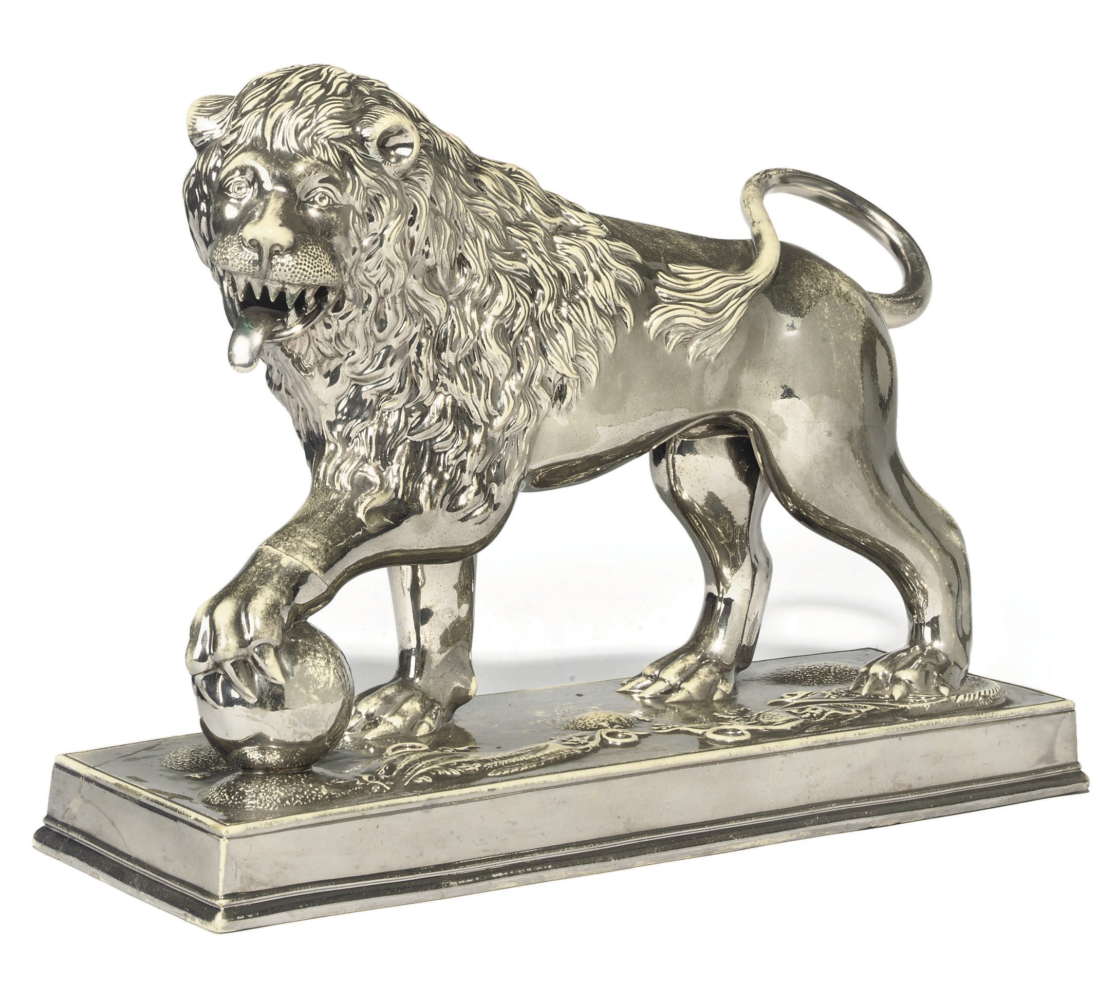 A STAFFORDSHIRE POTTERY SILVER-LUSTRE MODEL OF A MEDICI LION