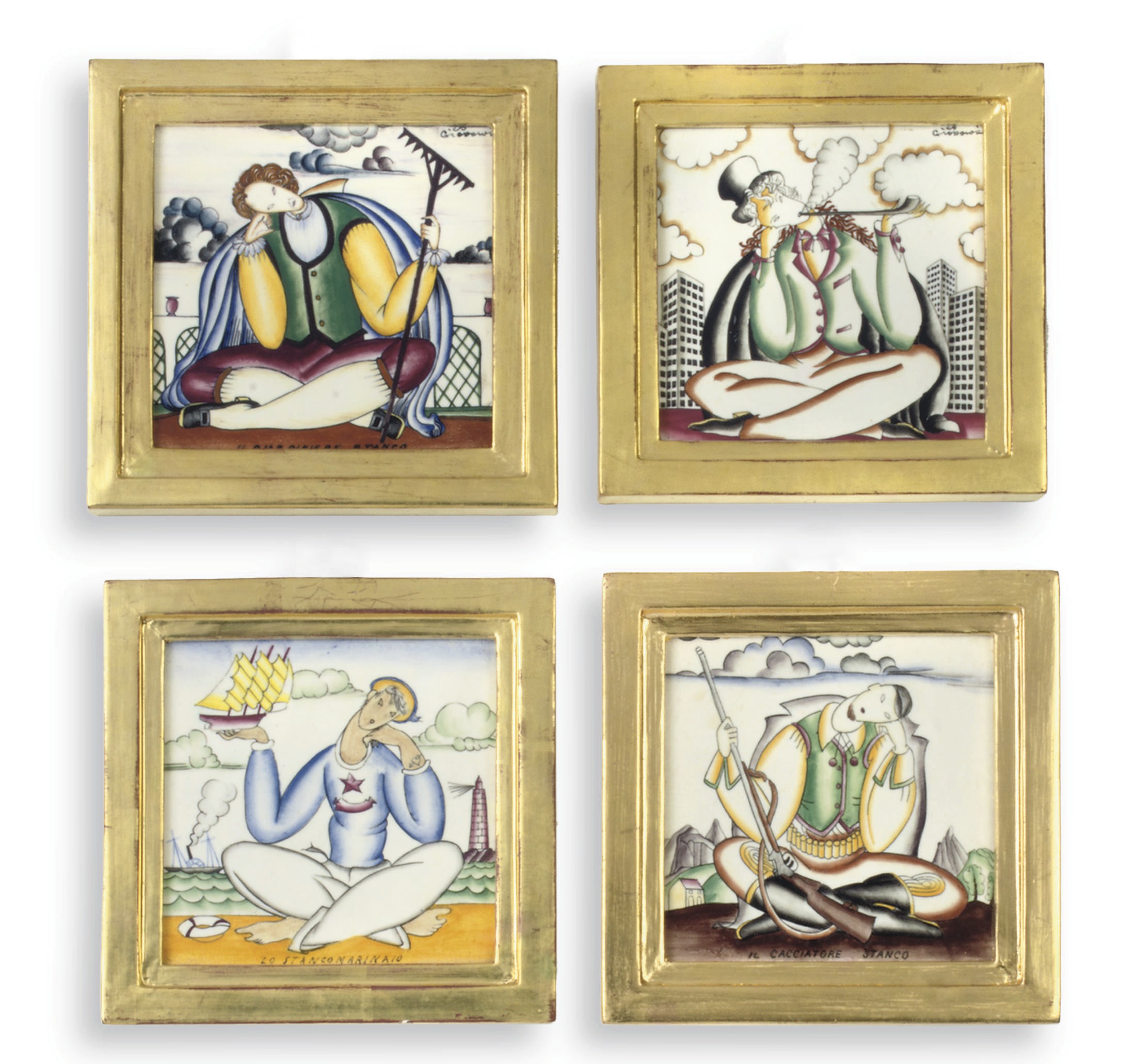 A SET OF FOUR ITALIAN POLYCHROME CERAMIC TILES