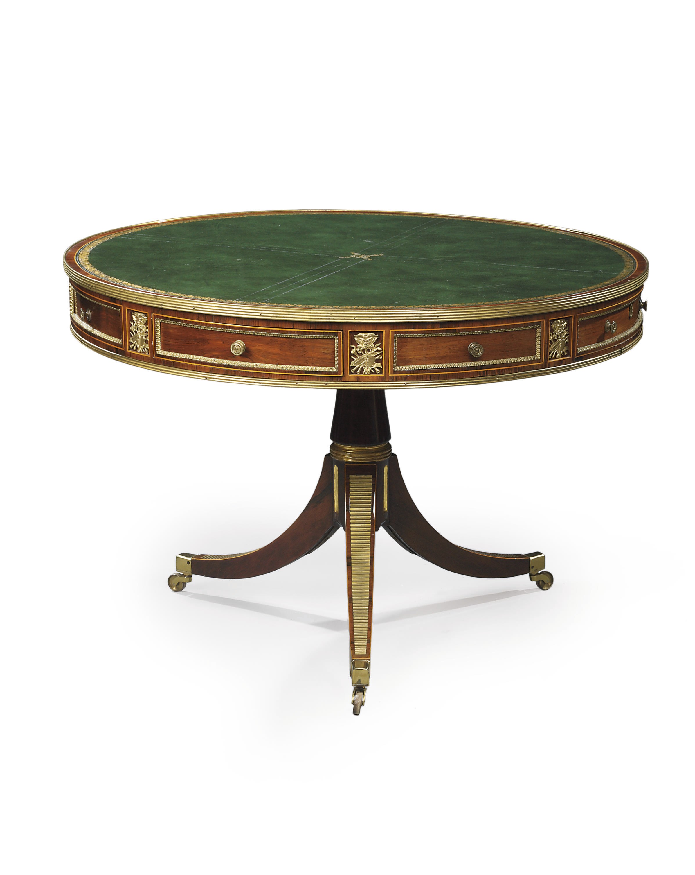 A REGENCY ORMOLU-MOUNTED PARCEL-GILT ROSEWOOD DRUM TABLE