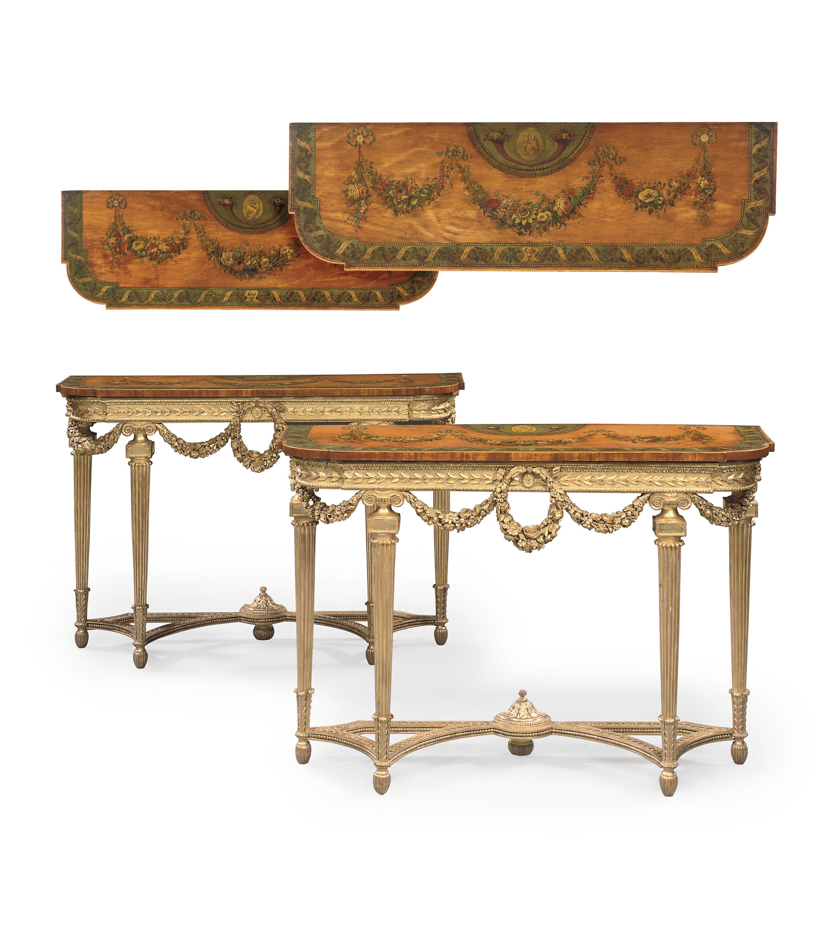 A PAIR OF GEORGE III GILTWOOD AND PAINTED SATINWOOD PIER TABLES