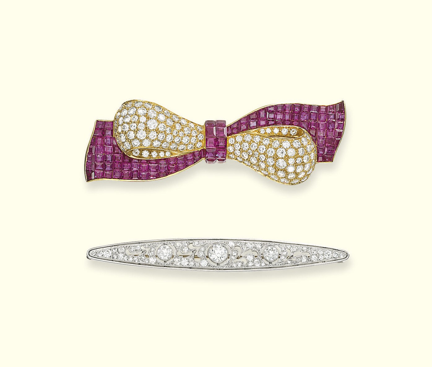A RUBY AND DIAMOND BROOCH AND A DIAMOND BROOCH