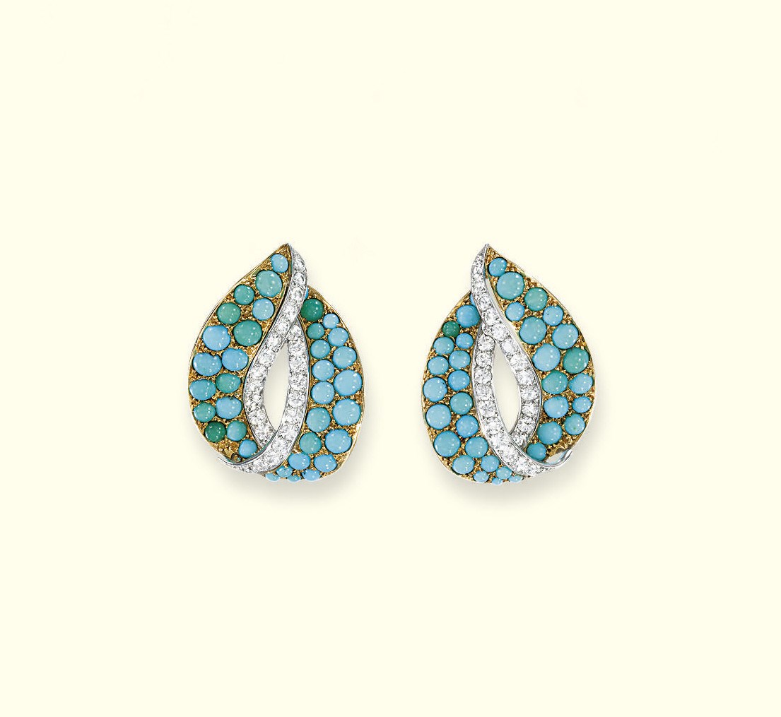A PAIR OF TURQUOISE AND DIAMOND EAR CLIPS, BY CARTIER