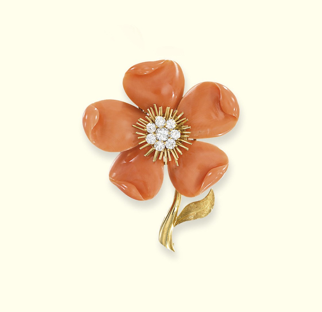 A CORAL AND DIAMOND 'CLEMATIS' CLIP BROOCH, BY VAN CLEEF & ARPELS