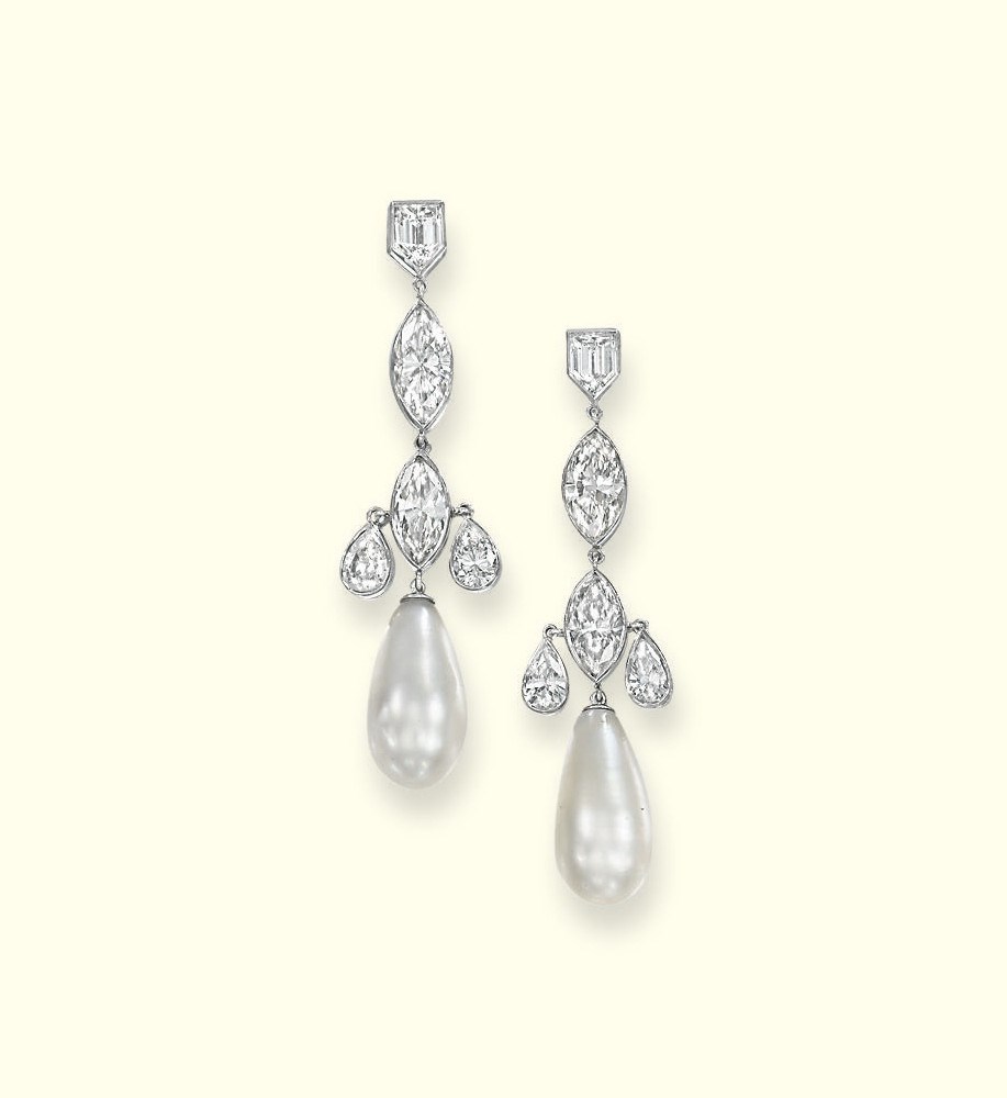 A PAIR OF NATURAL PEARL AND DIAMOND EAR PENDANTS