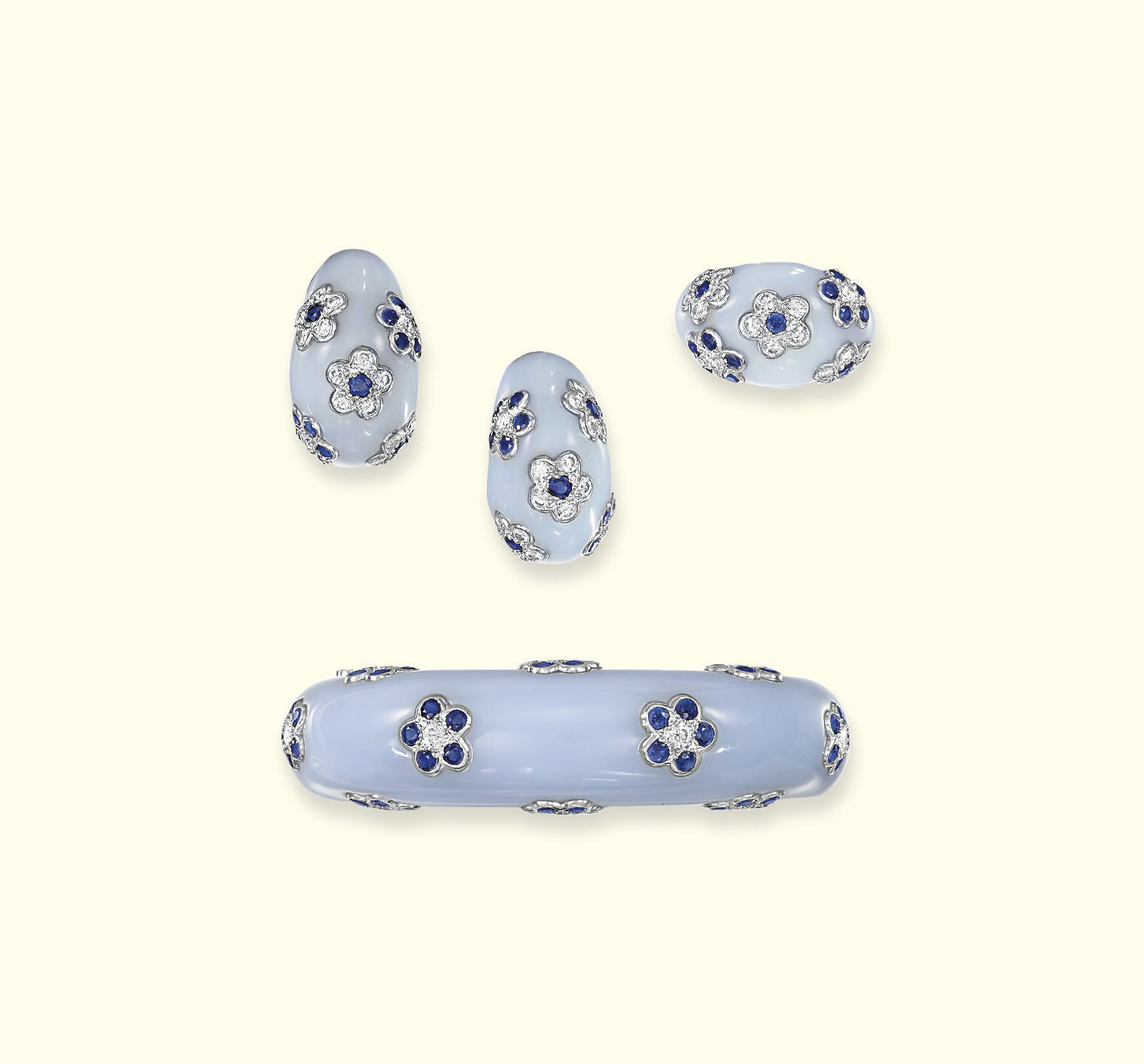 A CHALCEDONY, SAPPHIRE AND DIAMOND SUITE, BY VAN CLEEF & ARPELS