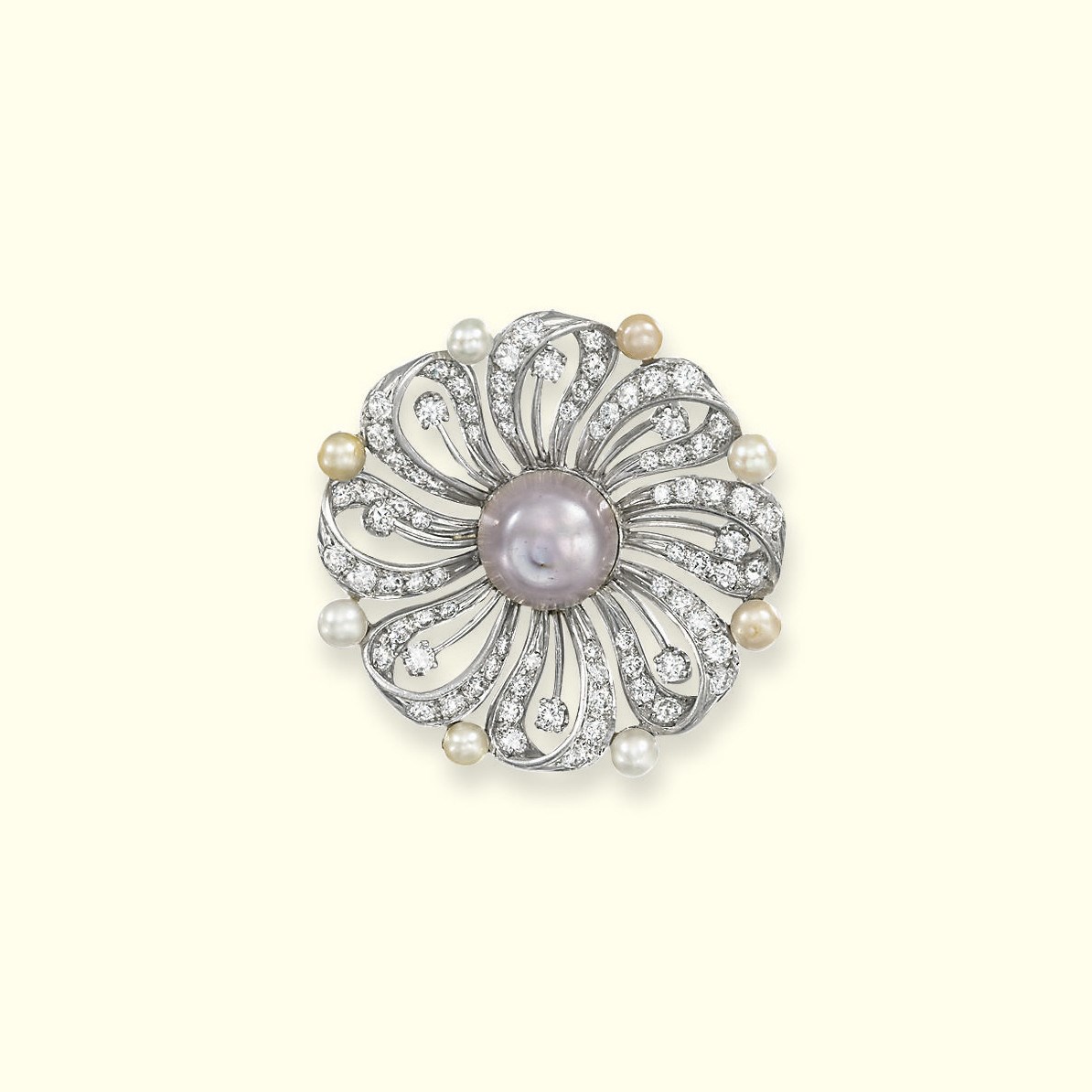 A NATURAL PEARL AND DIAMOND BROOCH