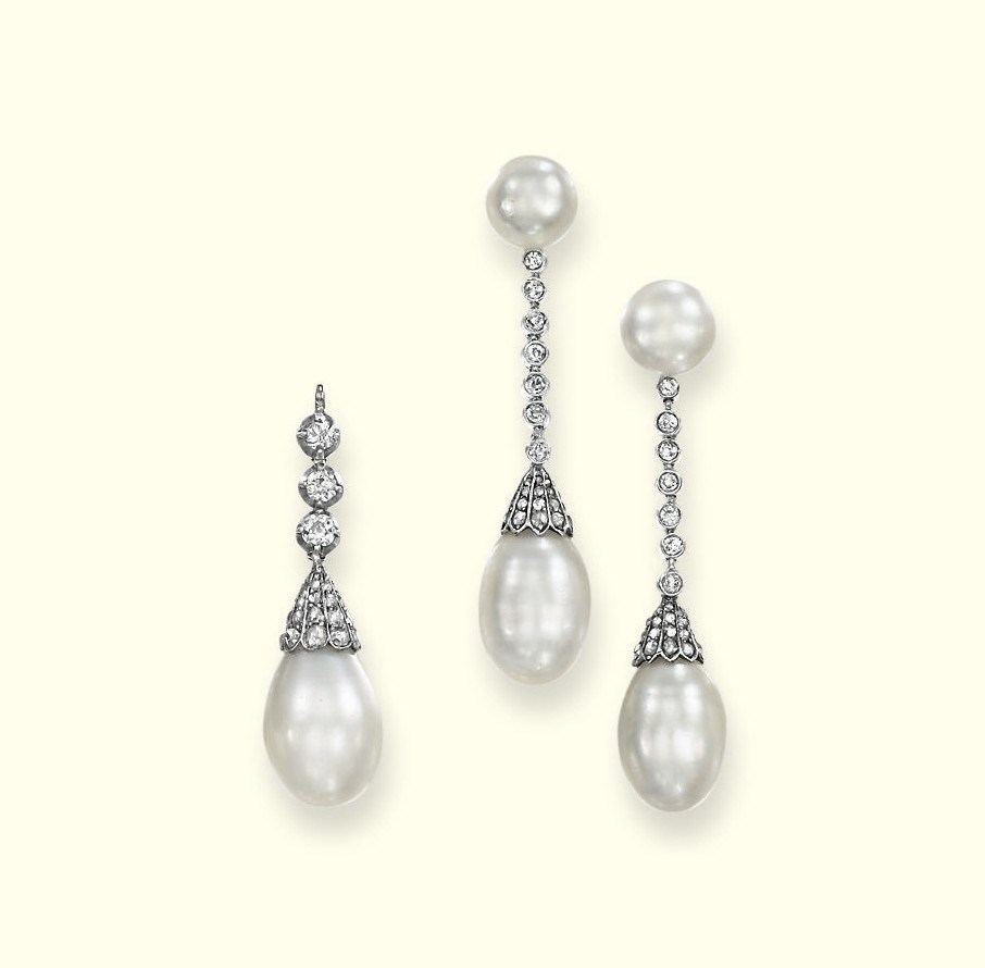 A PAIR OF PEARL AND DIAMOND EAR PENDANTS AND A PEARL PENDANT
