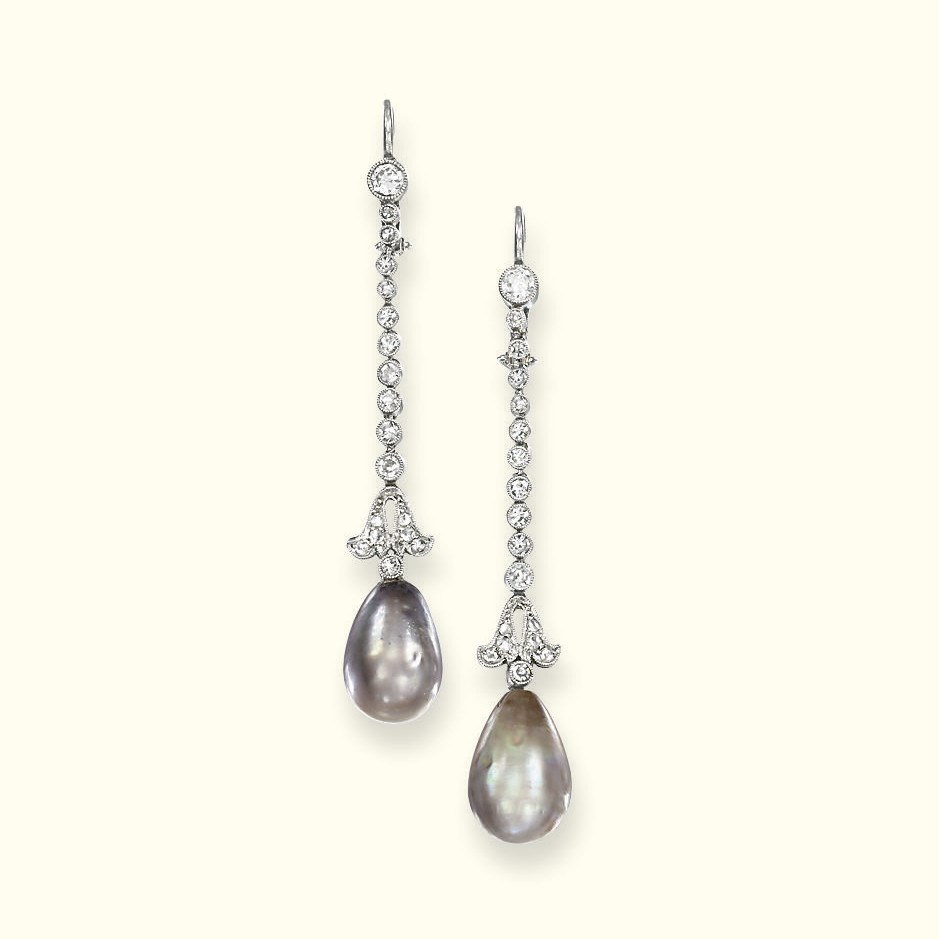 A PAIR OF NATURAL PEARL AND DIAMOND EAR PENDANTS