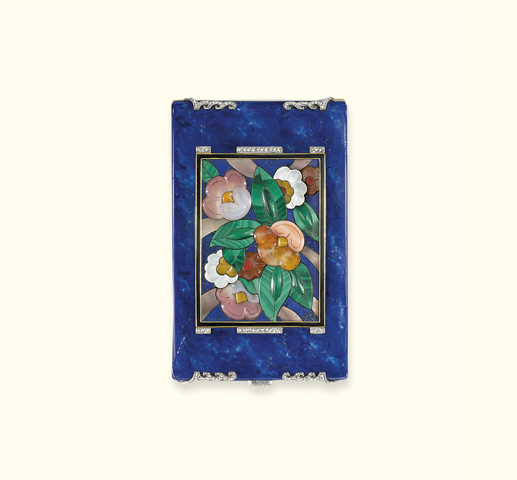 AN ART DECO HARDSTONE AND DIAMOND VANITY CASE