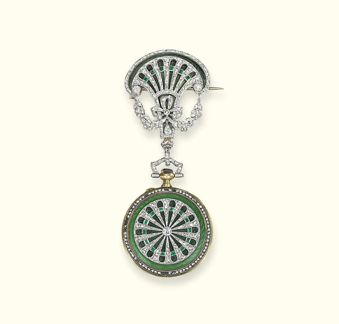 A BELLE EPOQUE DIAMOND, EMERALD AND ENAMEL FOB WATCH, BY TIFFANY & CO