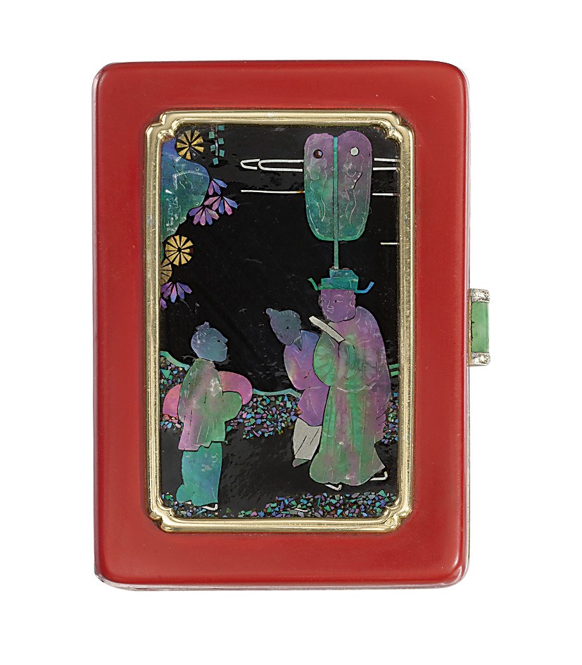 AN ART DECO BLACK LACQUER AND ENAMEL VANITY CASE, BY CARTIER