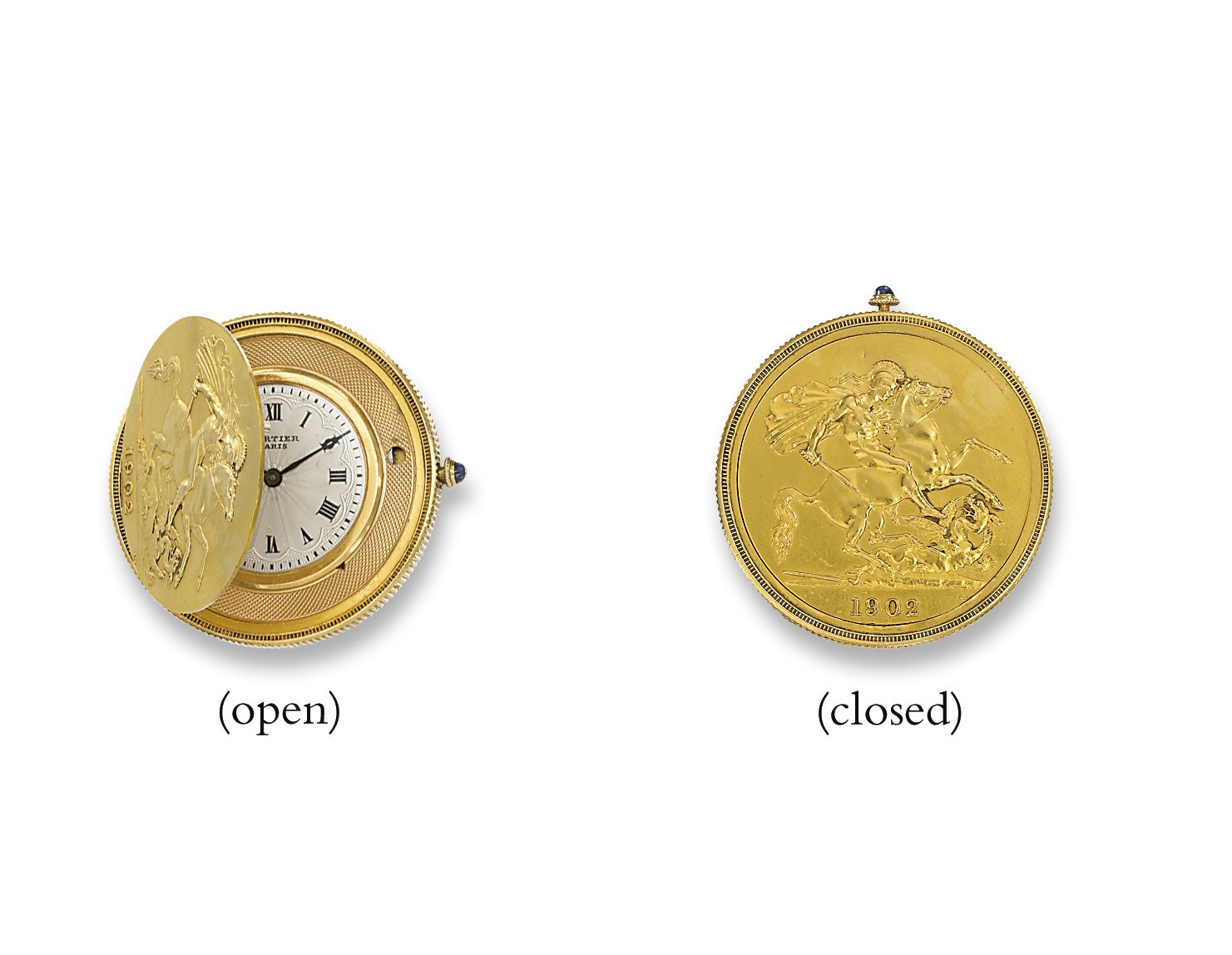 AN EDWARD VII 1902 FIVE POUND GOLD COIN WATCH, BY CARTIER