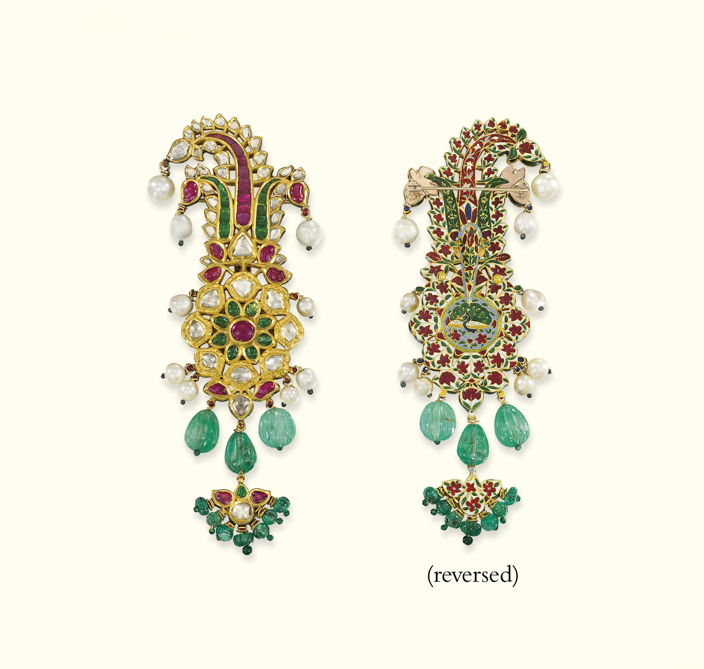 AN ANTIQUE DIAMOND, GEM-SET AND ENAMEL INDIAN JIGHA
