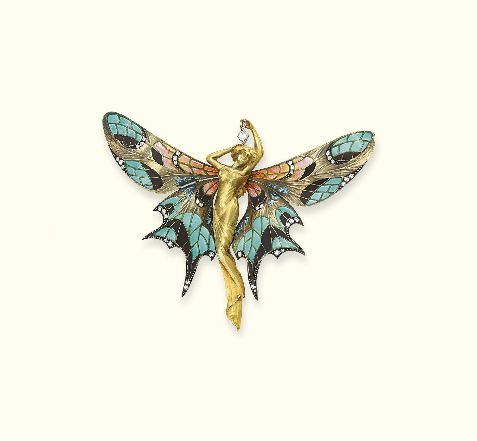 AN ART NOUVEAU GOLD AND ENAMEL BROOCH, BY GASTON LAFITTE