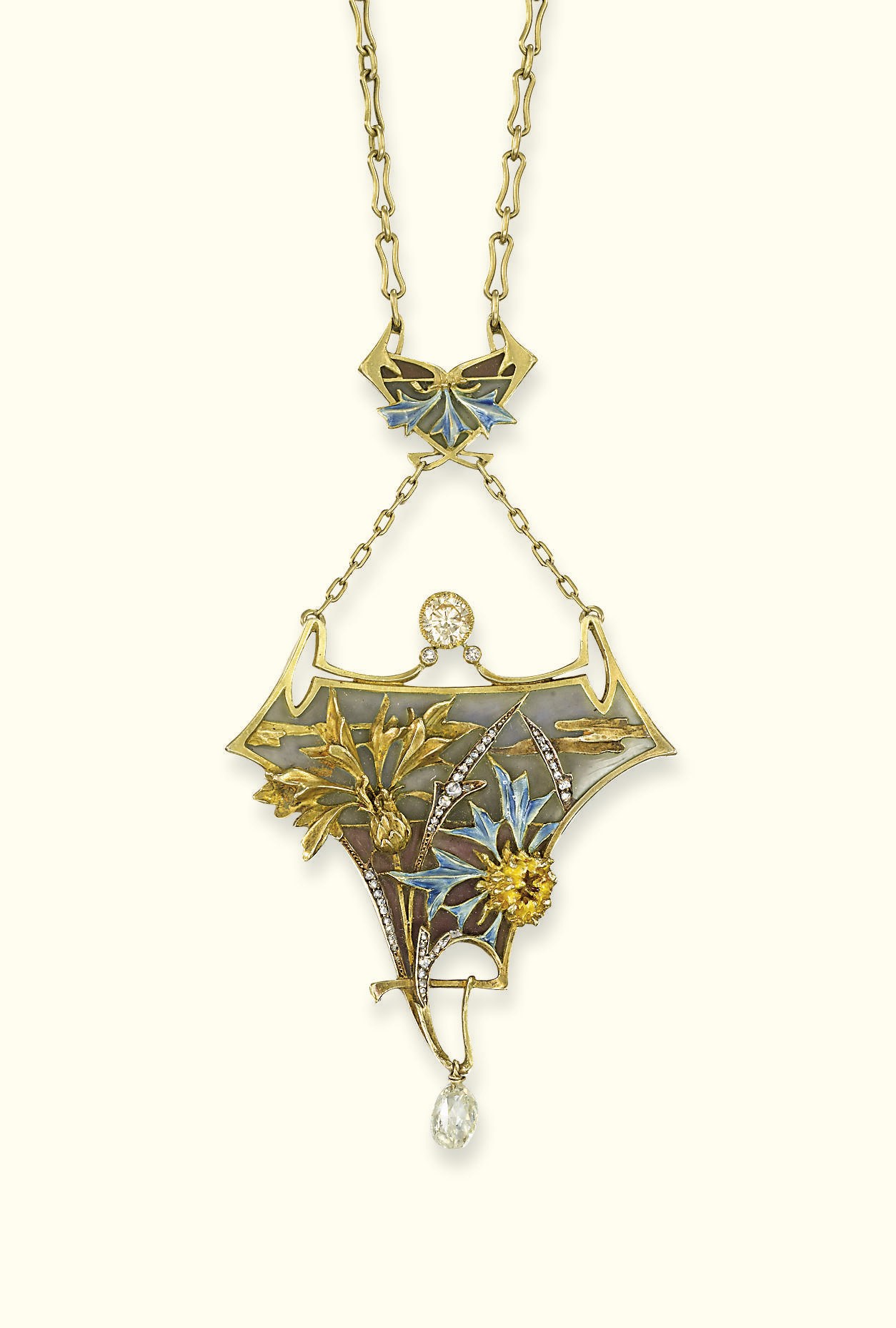 AN ART NOUVEAU ENAMEL AND DIAMOND PENDENT NECKLACE, BY LEON GAUTRAIT