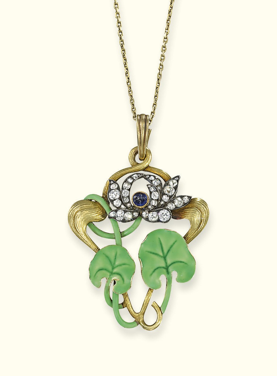 AN ART NOUVEAU DIAMOND AND ENAMEL PENDANT, BY FABERGE