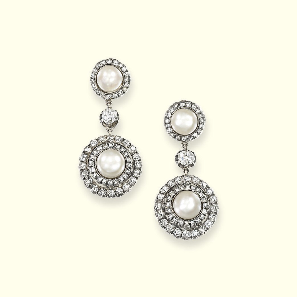 A PAIR OF NATURAL PEARL AND DIAMOND EAR PENDANTS