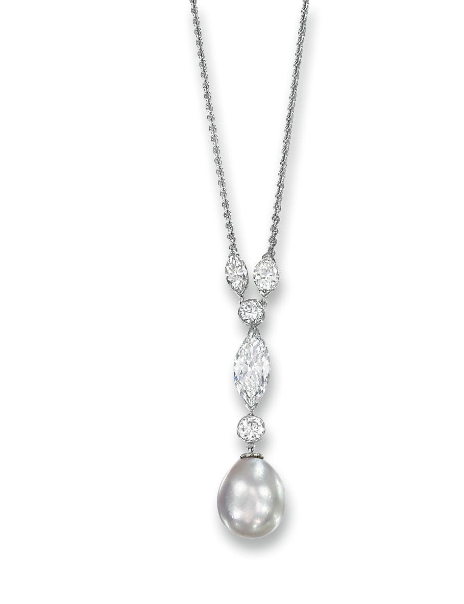 A NATURAL PEARL AND DIAMOND PENDANT