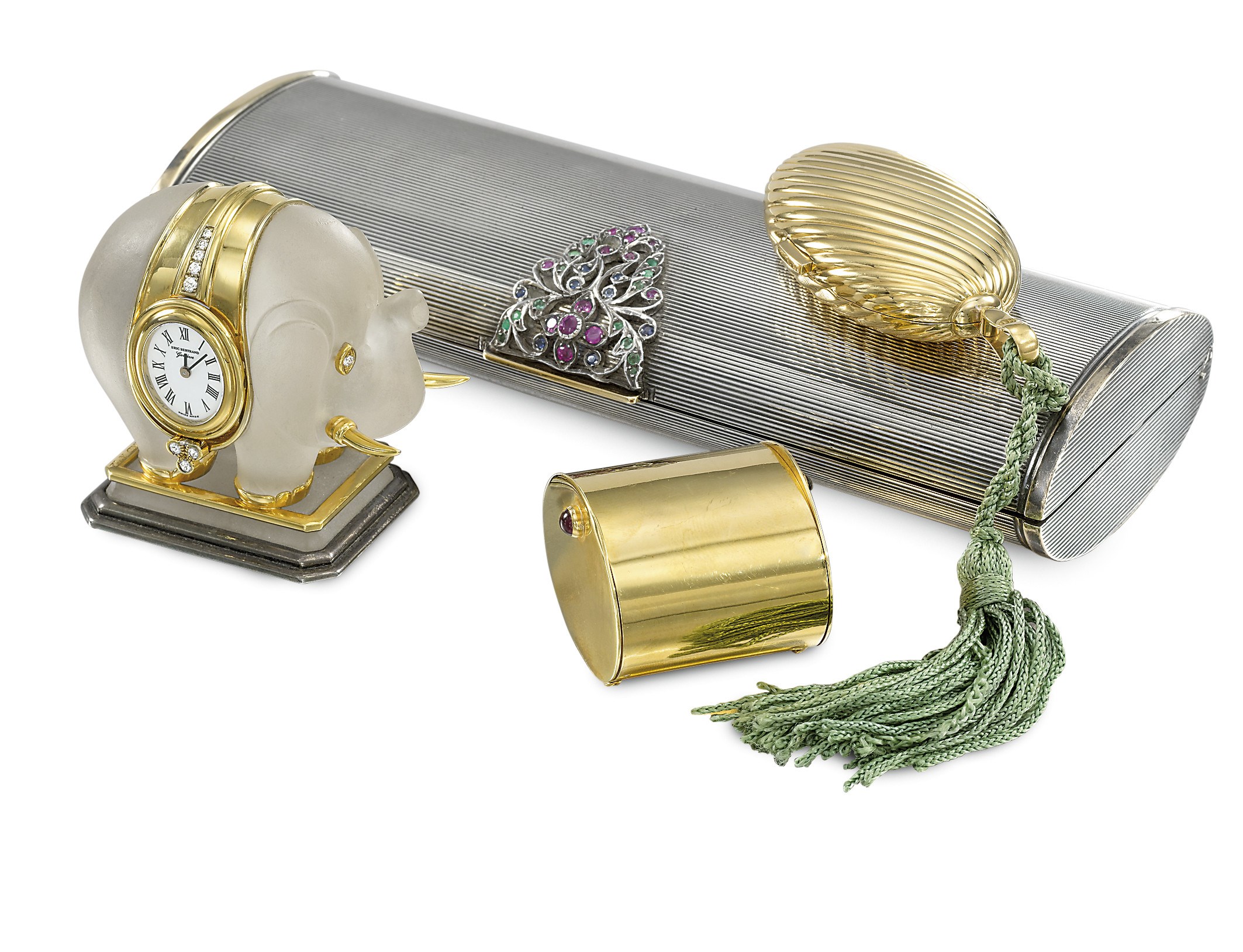 TWO GOLD BOXES, A CLOCK AND POWDER COMPACT