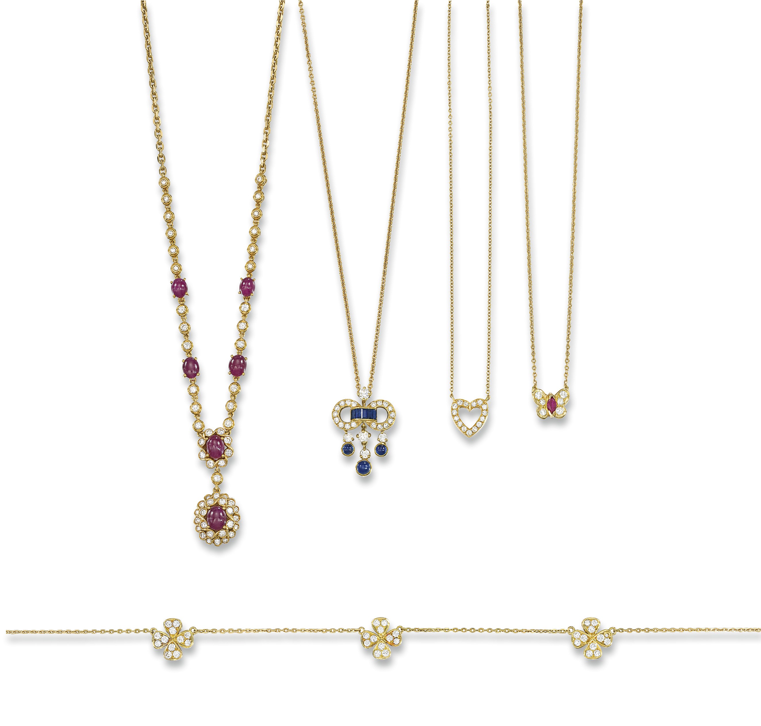 A GROUP OF FIVE DIAMOND AND GEM-SET PENDANTS