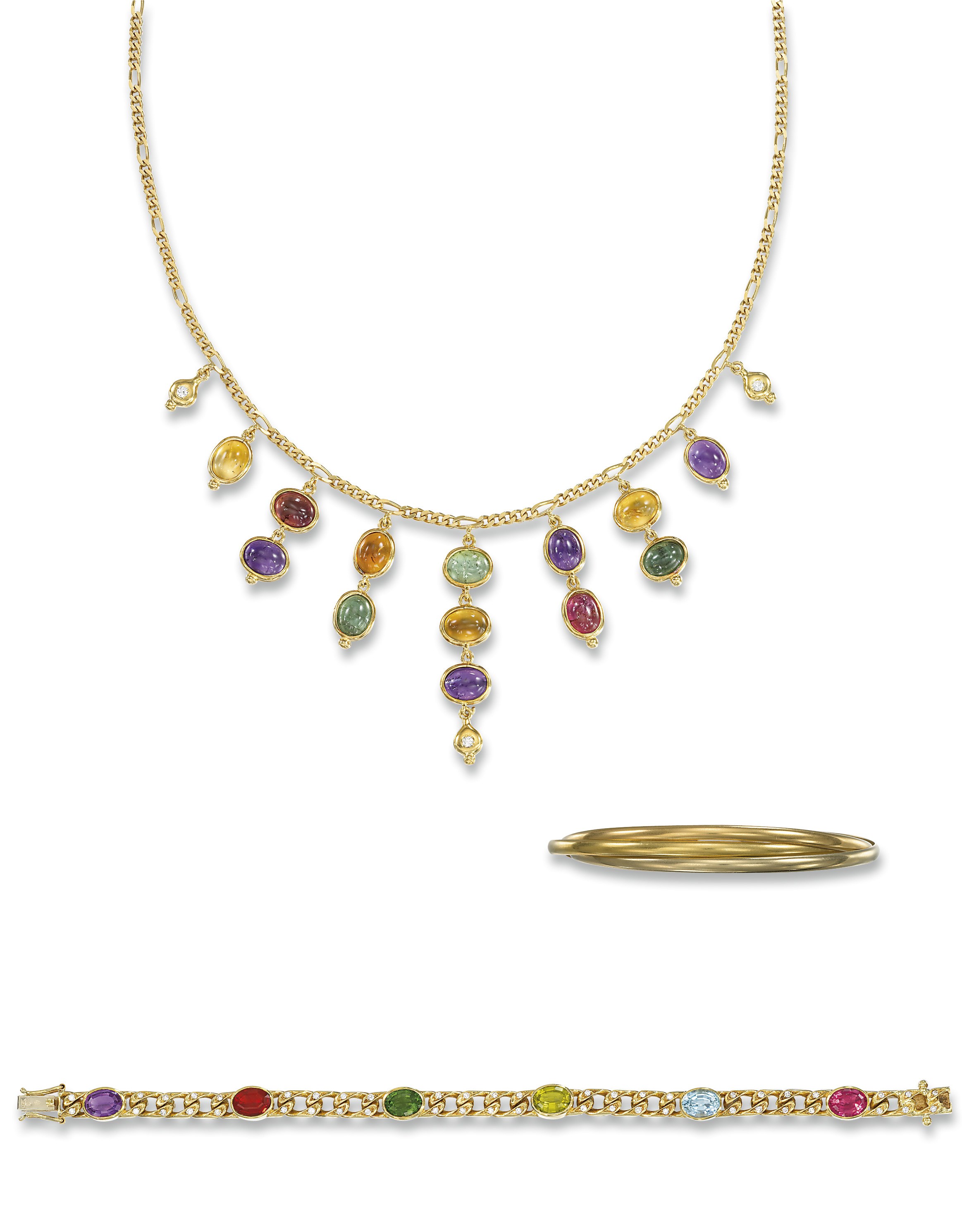 A DIAMOND AND GEM-SET NECKLACE AND BRACELET, AND A BANGLE, BY CARTIER