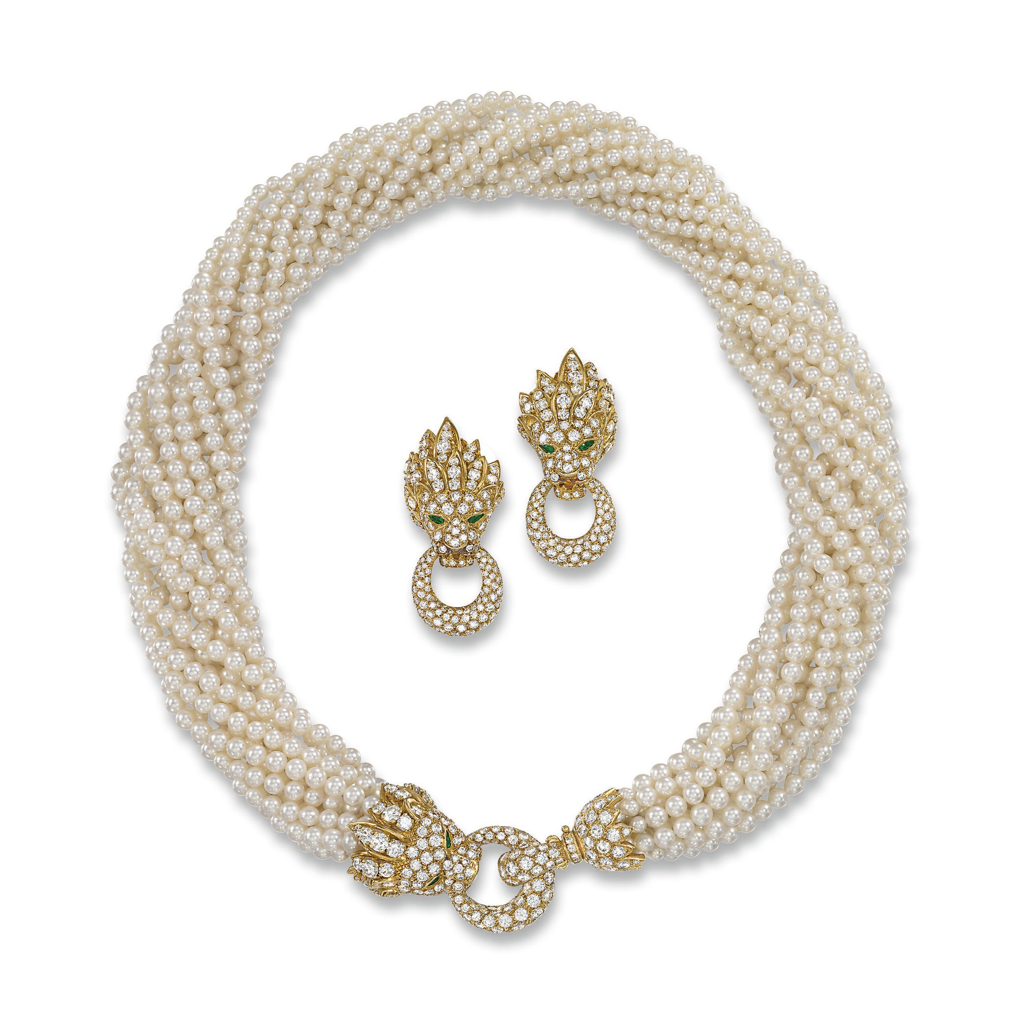 A CULTURED PEARL AND DIAMOND NECKLACE AND EAR CLIPS, BY VAN CLEEF & ARPELS