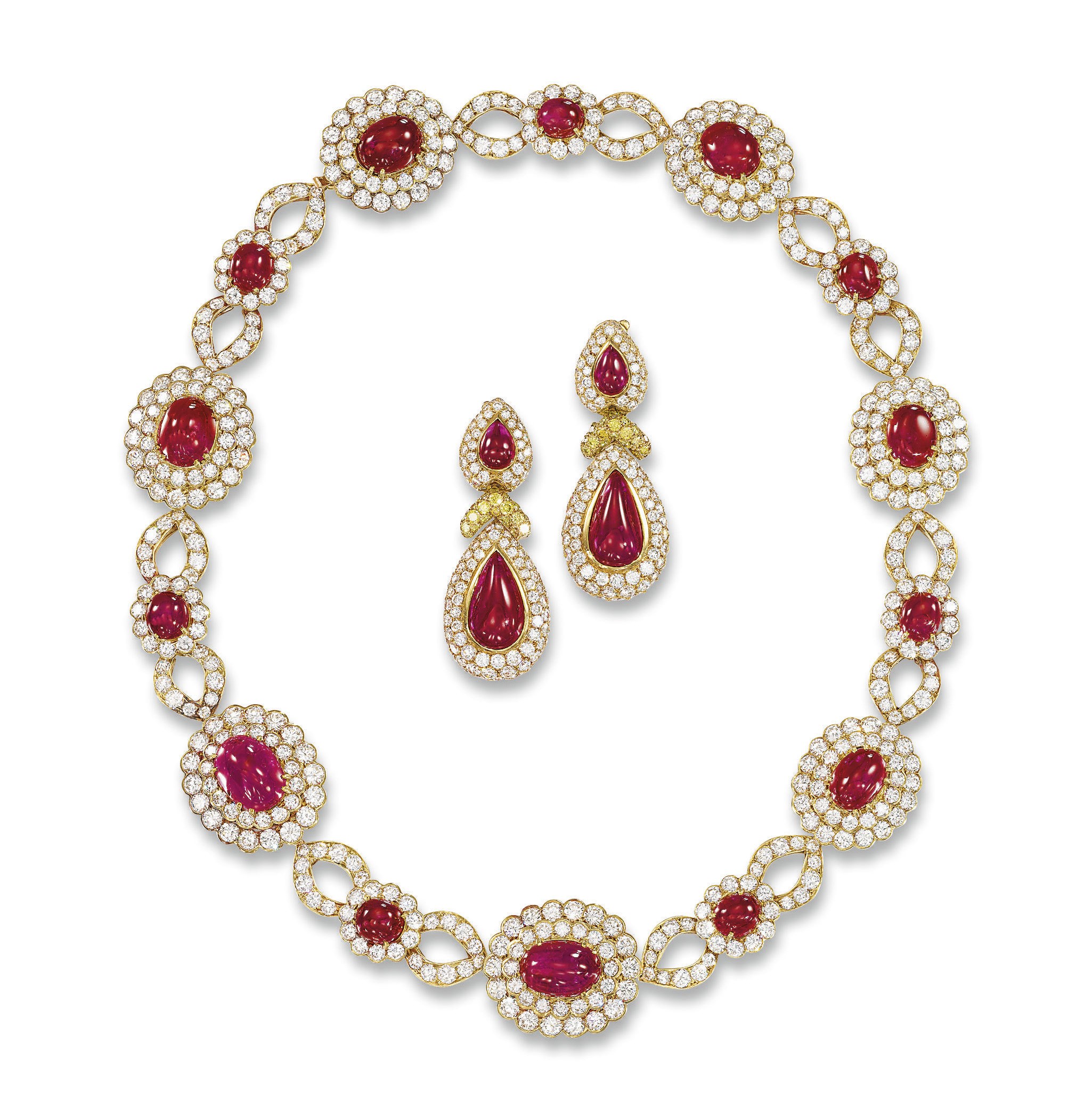 A RUBY AND DIAMOND 'VERLAINE' NECKLACE, BY VAN CLEEF & ARPELS, AND A PAIR OF EAR PENDANTS