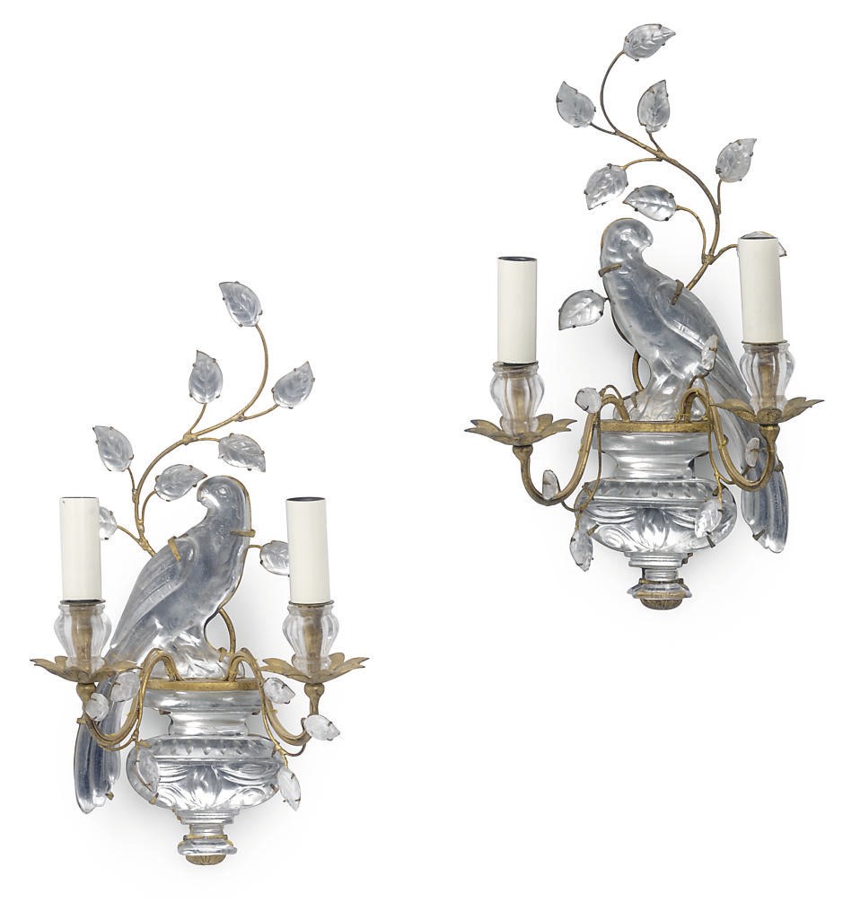 A PAIR OF GILT METAL MOUNTED 'ROCK CRYSTAL' TWIN LIGHT WALL APPLIQUES