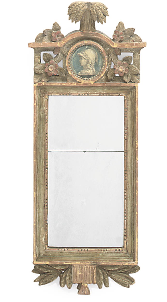 A GUSTAVIAN PAINTED AND GILTWOOD MIRROR