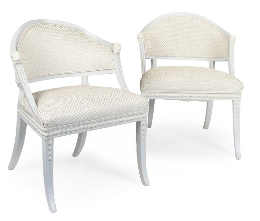 A PAIR OF GUSTAVIAN GREY PAINTED ARMCHAIRS