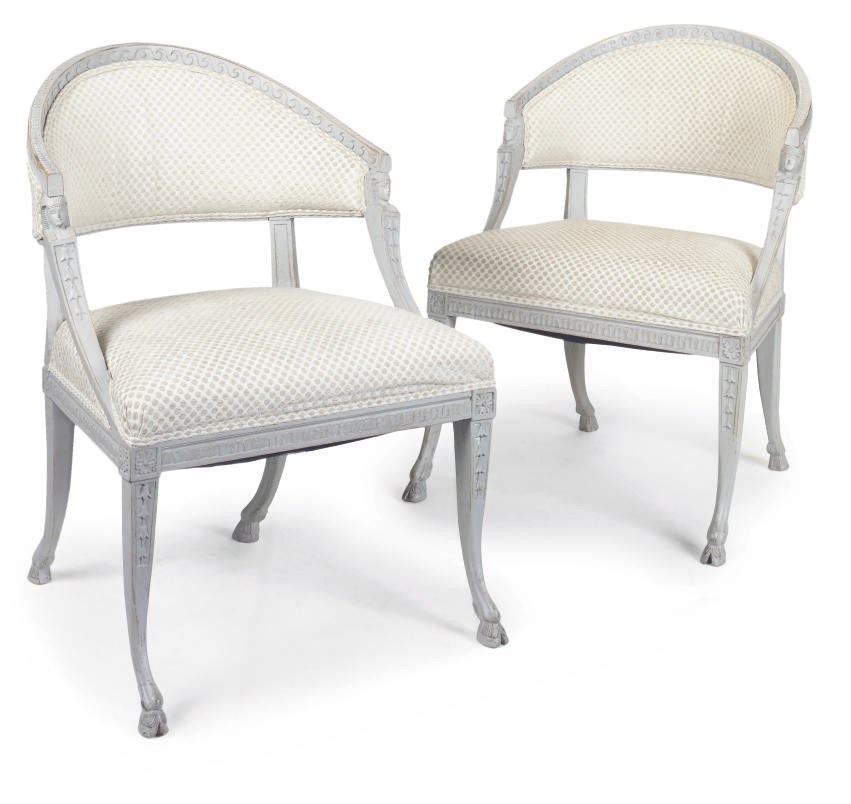 A PAIR OF GUSTAVIAN GREY PAINTED ARMCHAIRS