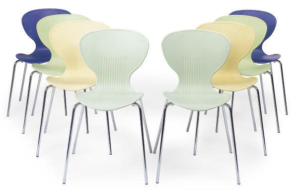 A SET OF EIGHT PLASTIC MOULDED AND CHROME CHAIRS