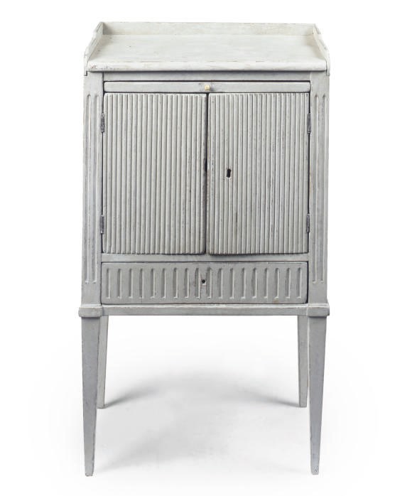 A GUSTAVIAN GREY PAINTED PINE BEDSIDE CABINET