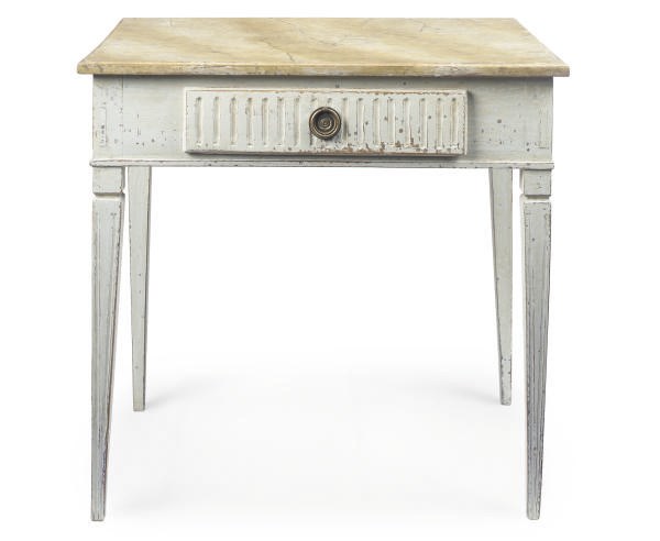 A GUSTAVIAN GREY PAINTED AND SIMULATED MARBLE SIDE TABLE