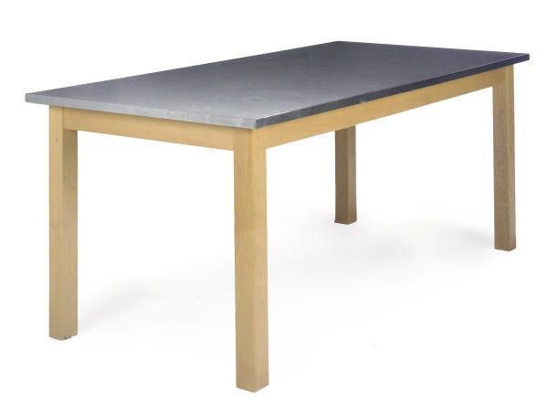AN ITALIAN BEECH AND STAINLESS STEEL KITCHEN TABLE