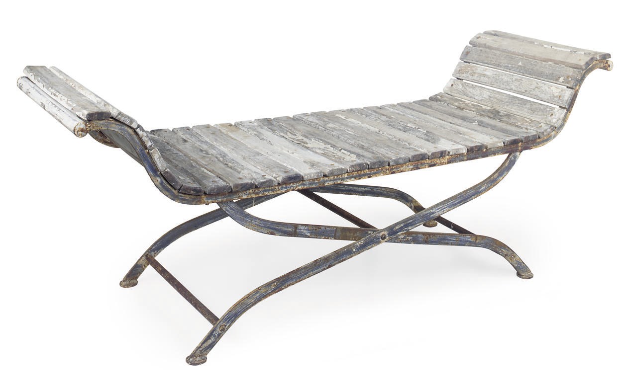 A PAINTED AND WROUGHT IRON LOW GARDEN SEAT