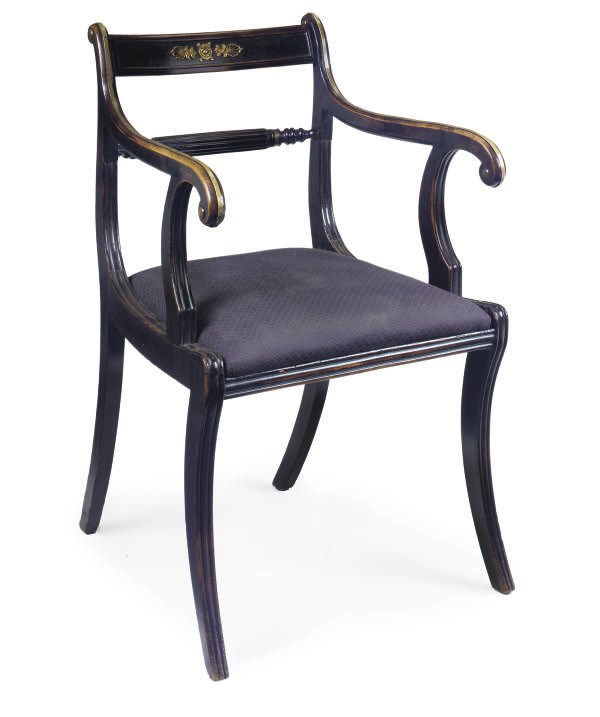 A REGENCY EBONISED AND BRASS INLAID 'TRAFALGAR' ARMCHAIR